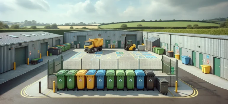 Euro bins beside yellow skip.