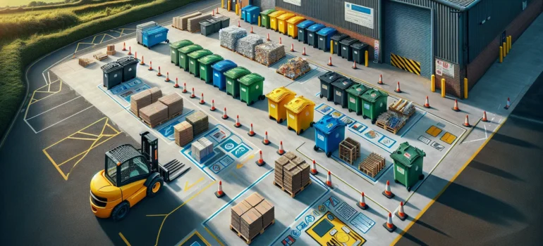 Euro bins beside baled cardboard.