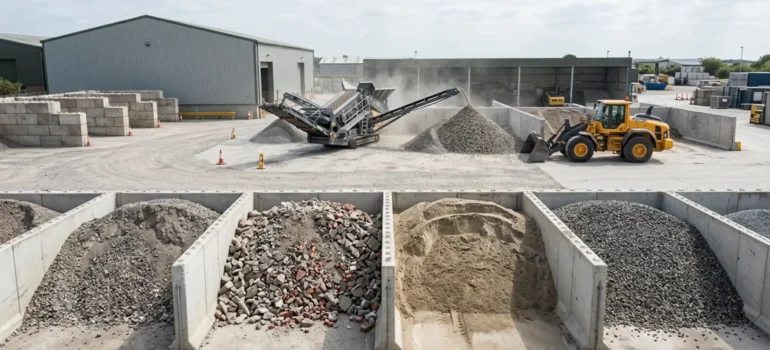 Crusher, screener, organised aggregate bays.